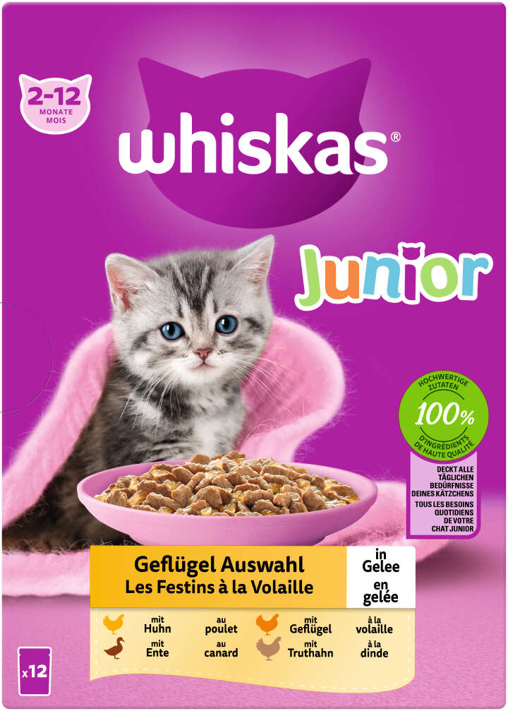 whiskas Katzen-Nassfutter Portionsbeutel Multipack Junior Geflügel Auswahl in Gelee 12 x 85g